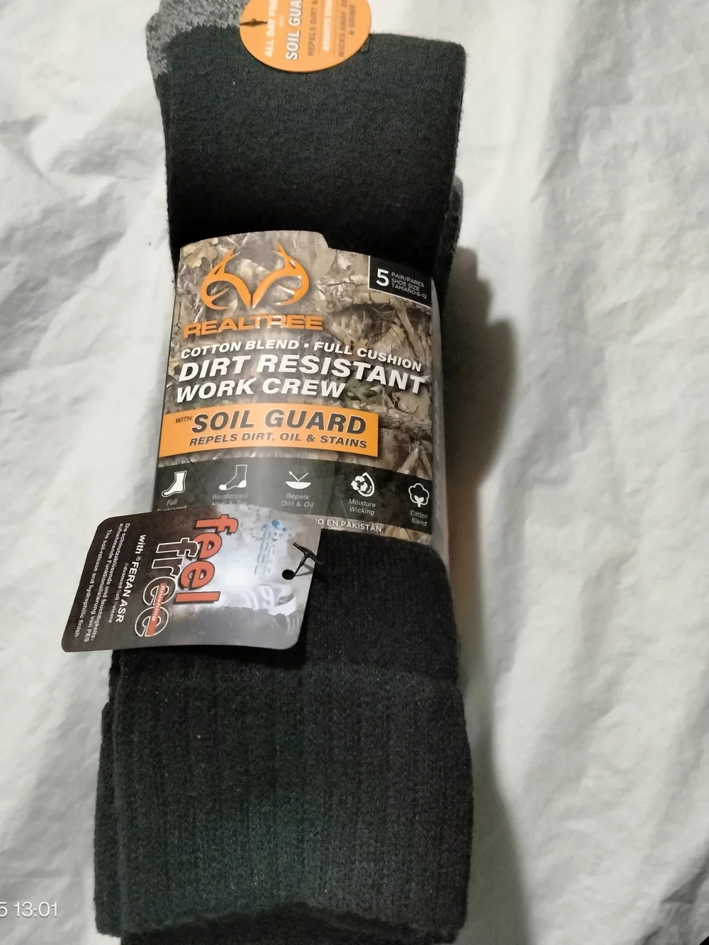 Realtree Men's Dirt Resistant Work Crew Socks 5 Pairs Size 6-12 Soil Guard New